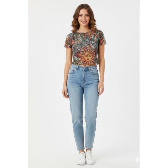 Y2K S Mesh Crop Top Celestial Sun Moon Psychedelic Print Sheer Fairy Grunge Tee - Picture 1 of 7